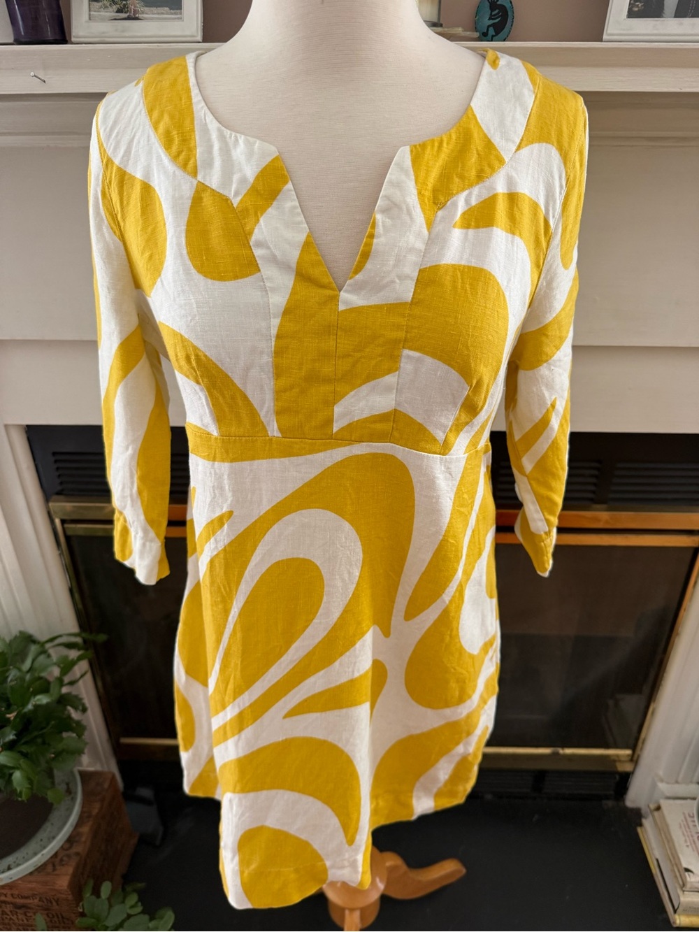 Boden Rae Mustard Yellow & White Abstract Linen Shift Dress size 6P